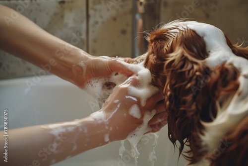 Generative AI : Groomer washing dog's paws in bathroom. A female hand washes a spaniel's paw with shampoo.