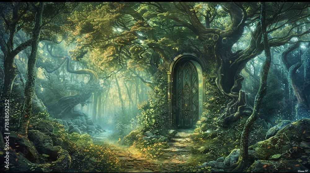 Enchanted Forest Doorway. A Magical Journey into Fantasy. Fantasy book covers, fairy tale illustrations, children's literature 