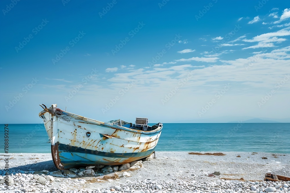 Generative AI : Old fishing boat on the beach Generative AI : Old fishing boat on the beach