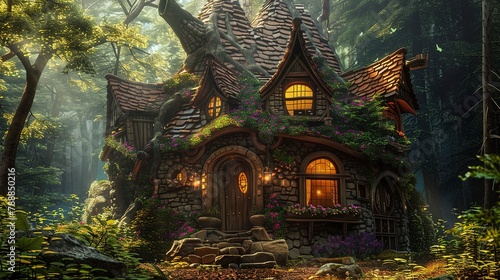 Fairy Tale Cottage. A Magical Home in the Enchanted Forest. Fantasy book covers, fairy tale illustrations, children's literature © Thanthara