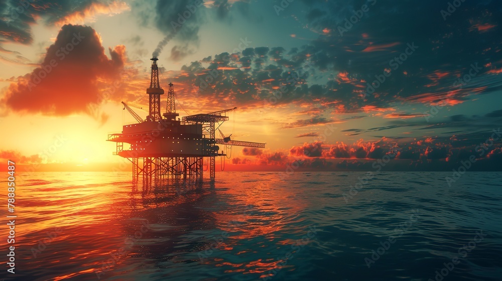 Offshore Oil Rig at Sunset. Industrial Energy Platform