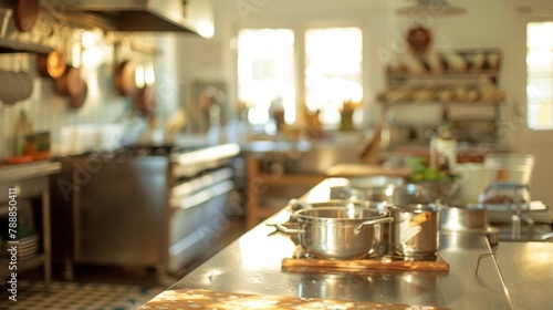 Softly defocused kitchen filled with warm golden light and the smell of es and freshly baked bread at From Chaos to Cuisine Culinary School. . photo