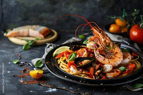 Generative AI : Seafood Spaghetti with Tiger Prawns, Scallops, Salmon and Tomato Sauce
