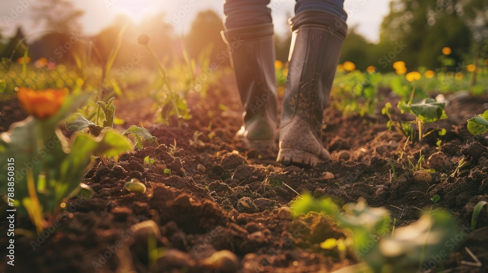 A man in wellington boots is diligently working the sun kissed soil with his cultivator on this beautiful day Engaged in the essential springtime tasks of land cultivation and soil tillage h A man in wellington boots is diligently working the sun kissed soil with his cultivator on this beautiful day Engaged in the essential springtime tasks of land cultivation and soil tillage h