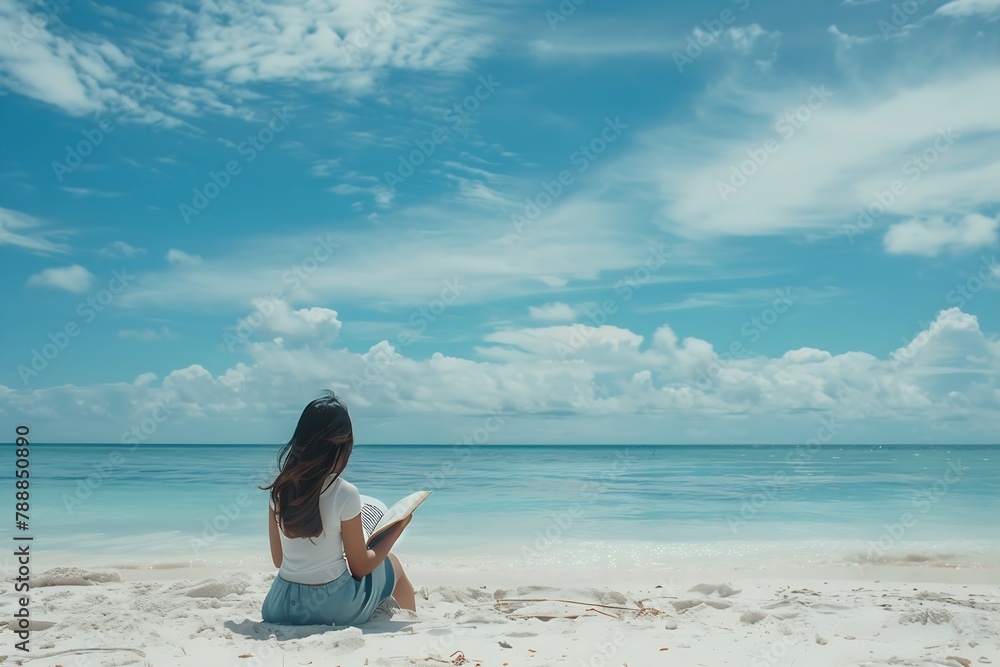 Generative AI : Young woman reading book during tropical white beach Generative AI : Young woman reading book during tropical white beach