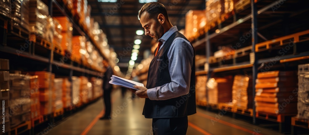 logistics manager with checklist in clothing retail store. write stock delivery for quality control logistics manager with checklist in clothing retail store. write stock delivery for quality control