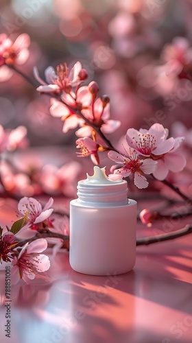 Generative AI : a small can of white moisturizer on a pink background. A minimalist background, a few cherry blossoms