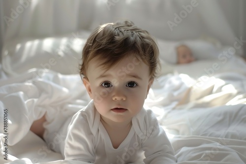 Generative AI : close up Baby boy in white sunny bedroom.