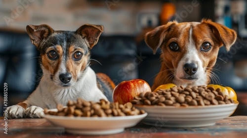 Hungry Dogs looking to food on table. Pet food concept