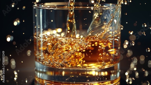 Golden Whiskey Pour: A Sparkling Cascade into a Glass Against a Bokeh Light Backdrop
