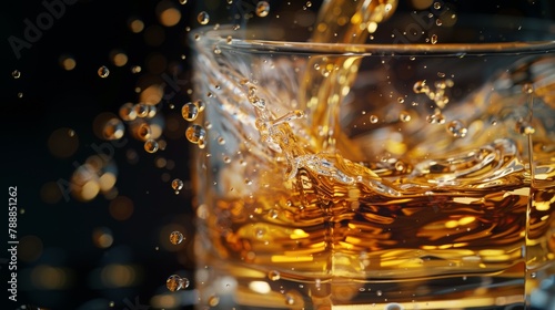 Golden Whiskey Pour: A Sparkling Cascade into a Glass Against a Bokeh Light Backdrop