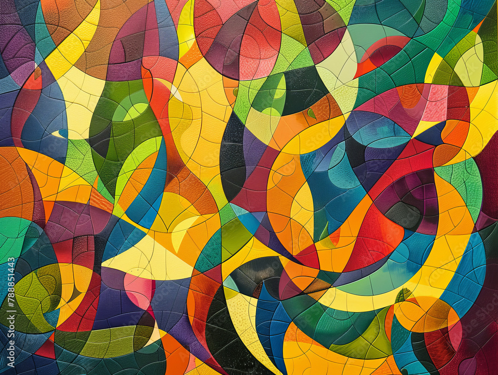 A colorful abstract painting with many different shapes and colors