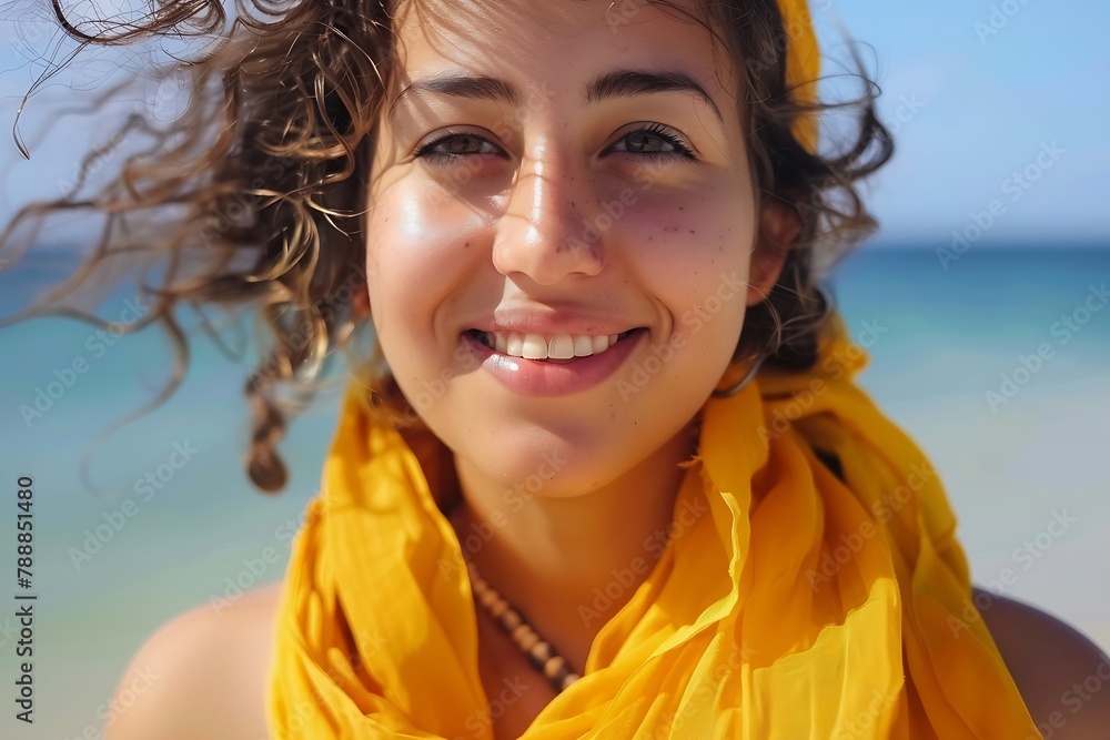 Generative AI : Cheerful young woman in yellow sarong at beach. Generative AI : Cheerful young woman in yellow sarong at beach.