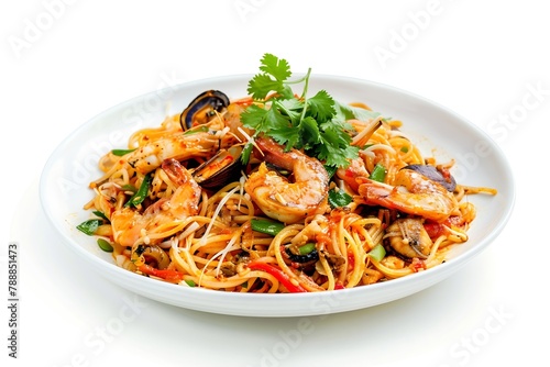 Generative AI : Stir-fried Spicy Spaghetti Seafood Thai Style on White Background with Shadow