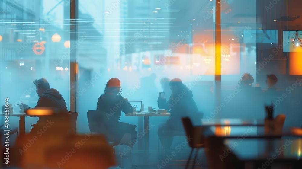 People seen through a foggy window in a smart city cafe with screens displaying realtime data and smart devices on every table representing the modern and interconnected lifestyle .