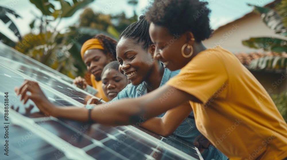 A diverse group of individuals of different ages and backgrounds working together to install solar panels on the roofs of houses in their neighborhood showcasing the inclusive and . A diverse group of individuals of different ages and backgrounds working together to install solar panels on the roofs of houses in their neighborhood showcasing the inclusive and .