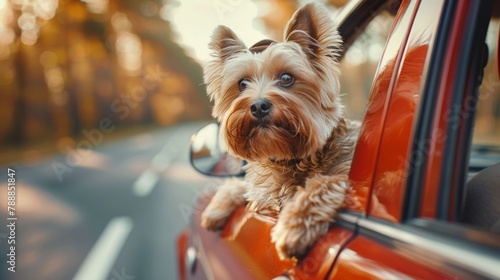 Trendy hat wearing Small dog breed yorkshire Terrier looks out the open window of the car. Closeup