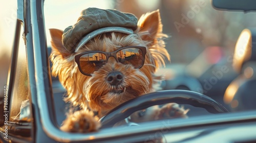 Trendy hat wearing Small dog breed yorkshire Terrier looks out the open window of the car. Closeup