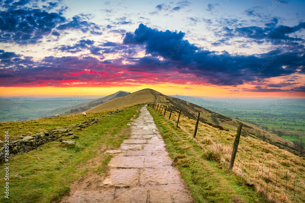 The Great Ridge at sunrise. Mam Tor hill in Peak District. United Kingdom 