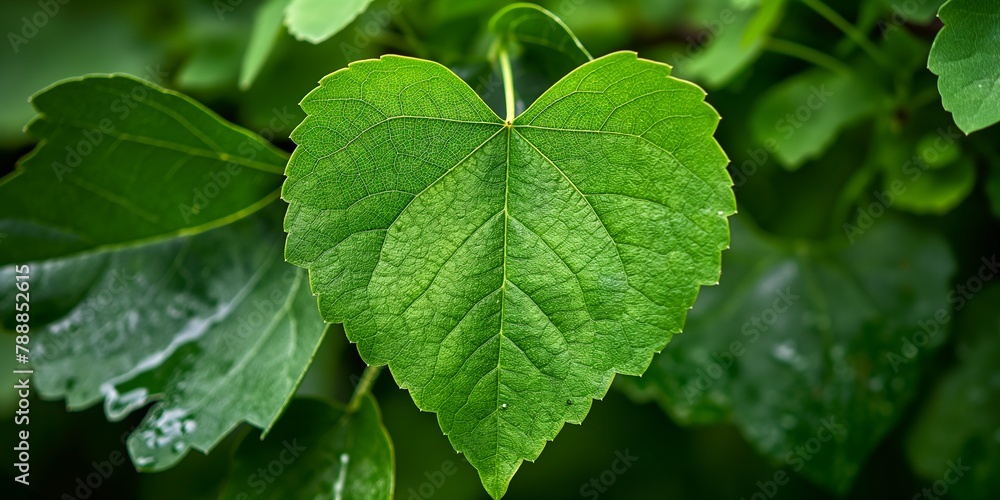 One large heart shaped green leaf on blurred natural green background with copy space, concept of environment protection, love, romance. One large heart shaped green leaf on blurred natural green background with copy space, concept of environment protection, love, romance.