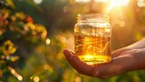 A closeup of a persons hand holding a clear glass jar filled with homemade biofuel with the sunlight shining through and highlighting the liquids golden color. .