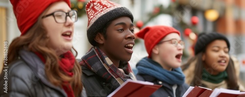 Group of multiracial teenagers Carolers singing traditional songs in city street on Christmas eve, Christmas traditional banner backgrounds.