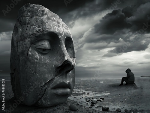 Abstract picture where a man sits alone in thought in front of a large statue In the form of a face, Symbolizes the inability to make a decision and hopelessness photo