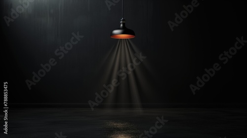 Modern Home Decor Photography, Elegant Black Pendant Lamp Isolated on Dark Background photo