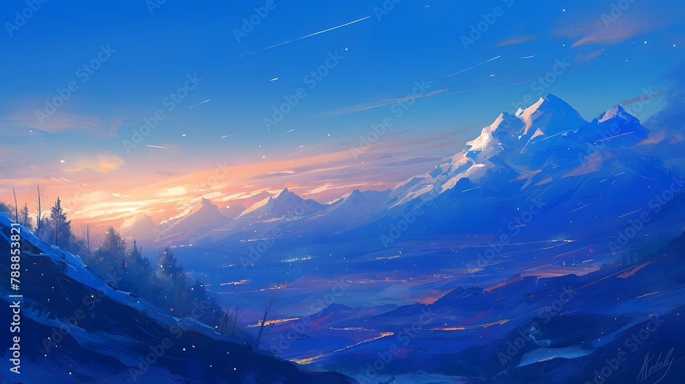 Epic view of a mountain illustration. Vibrant blue sky against its surroundings, creating a visually striking contrast of depth of field. Epic view of a mountain illustration. Vibrant blue sky against its surroundings, creating a visually striking contrast of depth of field.