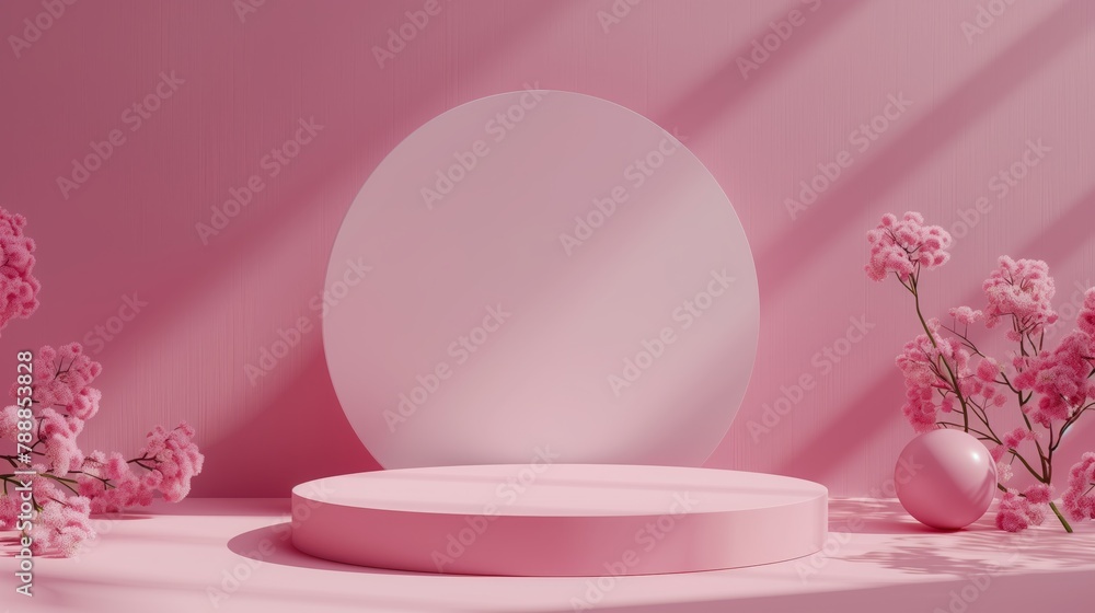 Pink minimalist podium with circular shapes, modern product display. Studio lights