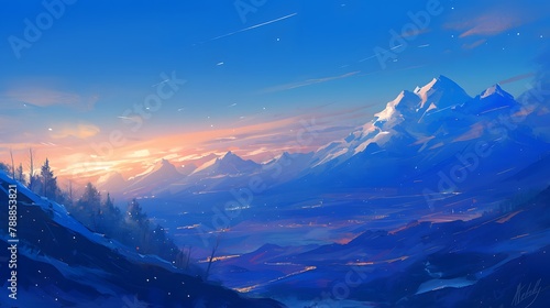 Epic view of a mountain illustration. Vibrant blue sky against its surroundings, creating a visually striking contrast of depth of field.