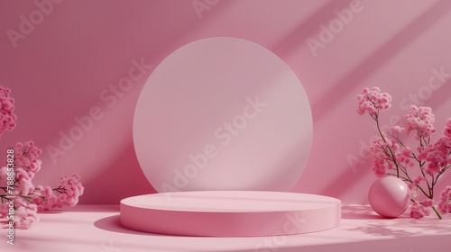Pink minimalist podium with circular shapes, modern product display. Studio lights © Viktoria Tom