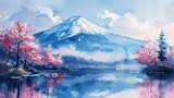 Mountain Fuji in spring with river and japanese sakura cherry blossom tree, tranquil watercolor painting