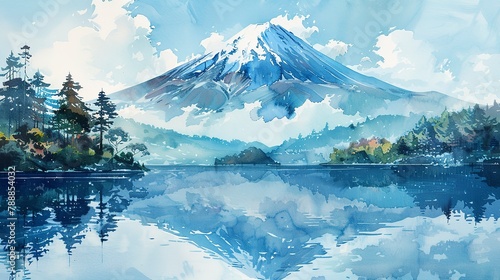 Traditional Japanese style watercolor of mount fuji is suitable 