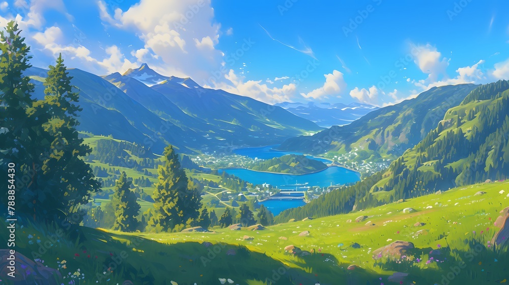 Epic view of a mountain illustration. Vibrant blue sky against its surroundings, creating a visually striking contrast of depth of field. Epic view of a mountain illustration. Vibrant blue sky against its surroundings, creating a visually striking contrast of depth of field.