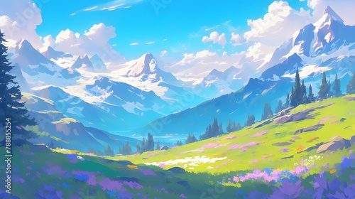 Epic view of a mountain illustration. Vibrant blue sky against its surroundings  creating a visually striking contrast of depth of field.