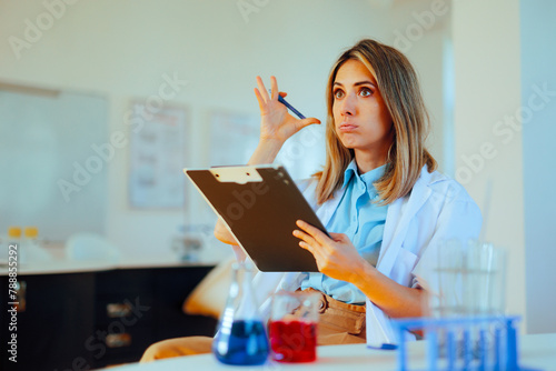 Funny Scientist Holding a Clipboards Having a Revelation. Researcher baffled by mind blowing discovery in the laboratory 
