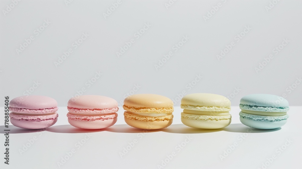 Obraz premium Close up of pastel colored macarons lined up on white background. Minimal pastry food concept. 