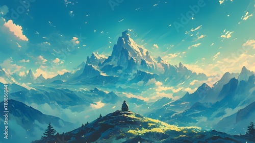 Epic view of a mountain illustration. Vibrant blue sky against its surroundings, creating a visually striking contrast of depth of field. photo