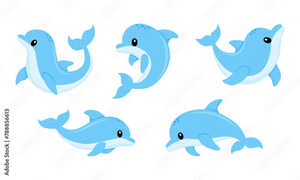 Cute dolphin jumping and swimming various poses cartoon illustration vector Cute dolphin jumping and swimming various poses cartoon illustration vector