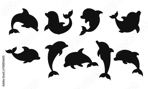 set of diffrent poses dolphin silhouette jumping and swimming animal sea illustration vector
