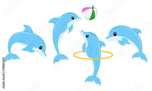 Blue dolphin jumping performing tricks various poses animal cartoon illustration vector