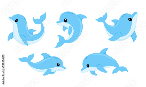 Cute dolphin jumping and swimming various poses cartoon illustration vector
