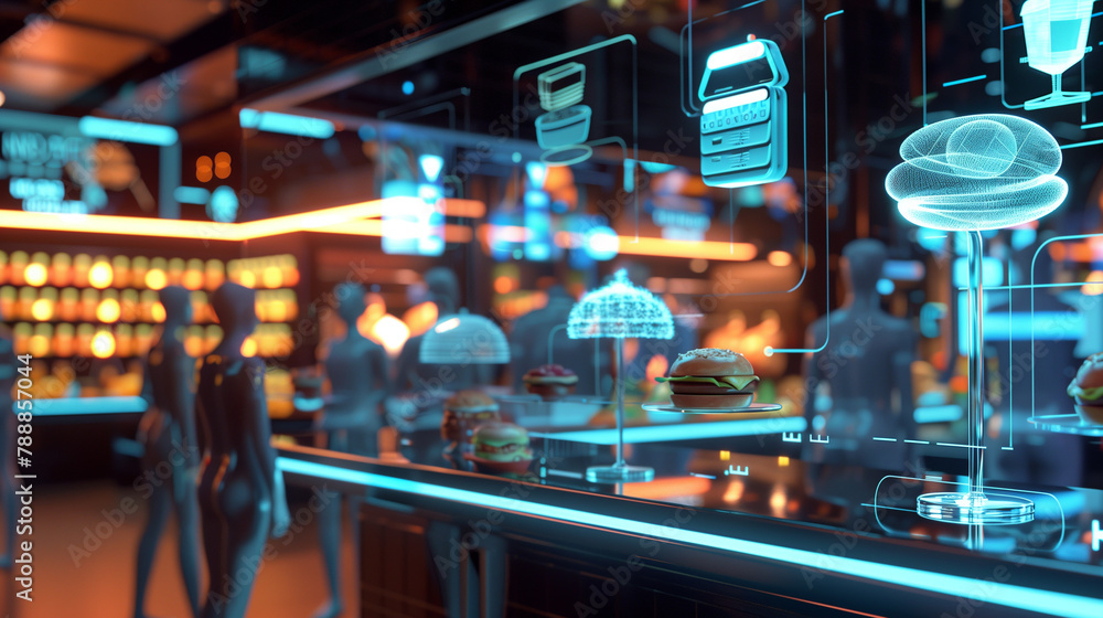 Futuristic high technology fast food restaurant with hologram menu. World of virtual reality. Future of the food industry. generative ai