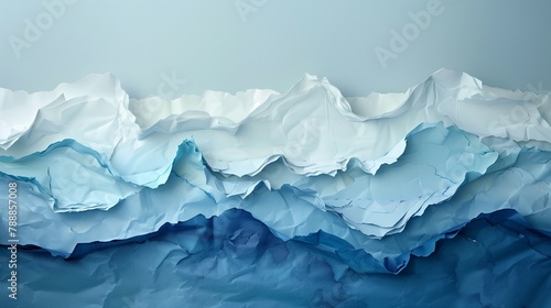 Layers of torn paper create a dynamic composition against a backdrop of serene blue  accentuating the gradient wave s movement.