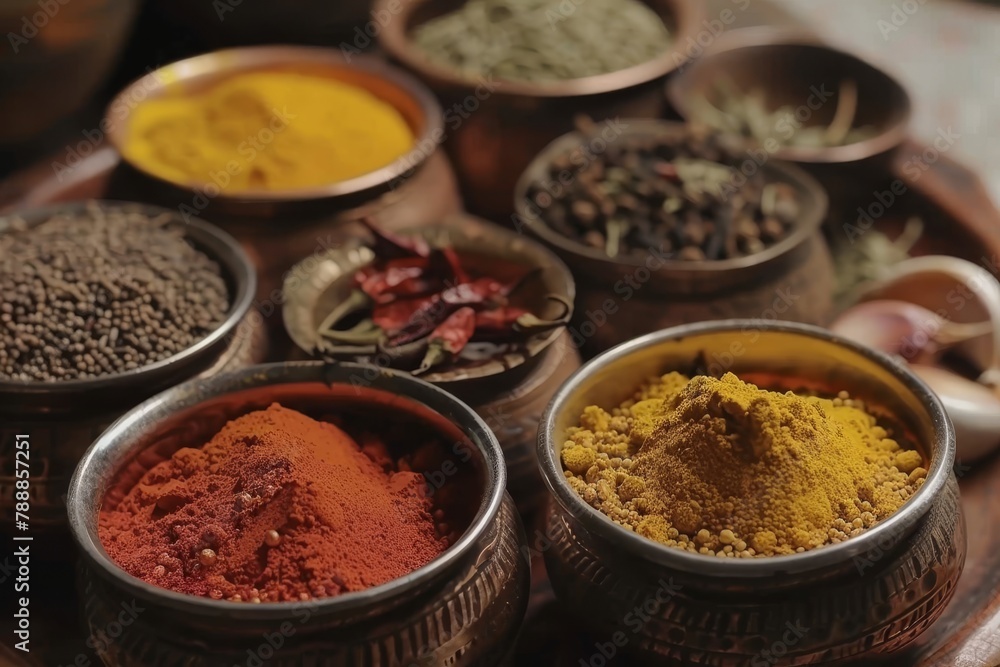 indian style. food and spices on a the table. turmeric, saffron, ginger, pepper, cinnamon and curry indian style. food and spices on a the table. turmeric, saffron, ginger, pepper, cinnamon and curry