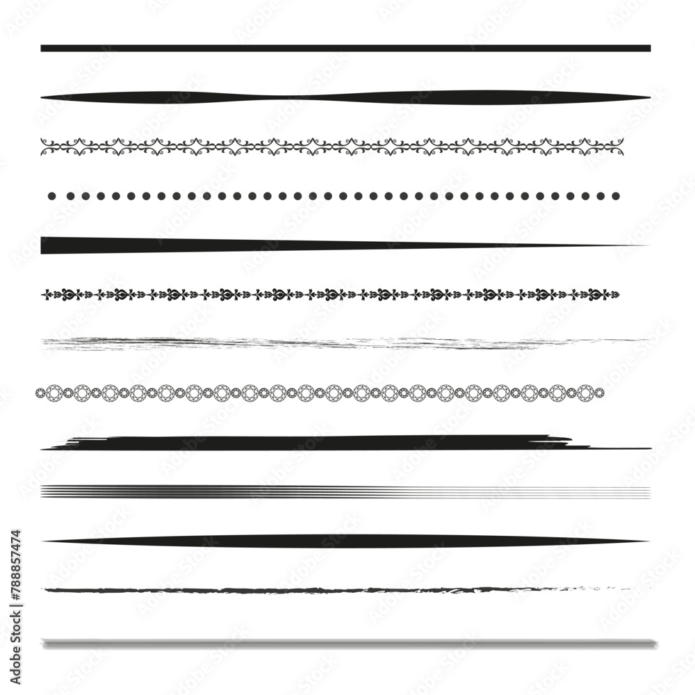 Set of decorative dividers. Assorted line borders and text separators. Vector illustration. EPS 10.