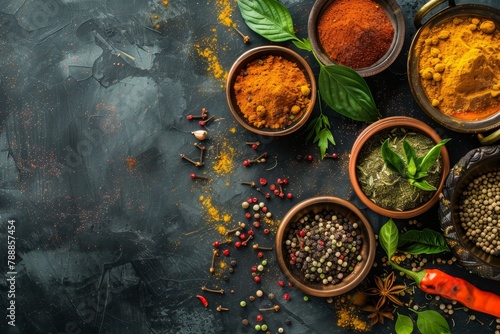 indian style. food and spices on a the table. turmeric, saffron, ginger, pepper, cinnamon and curry