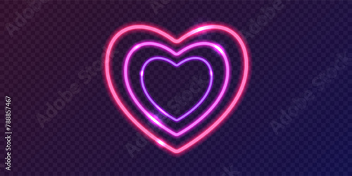 Purple and pink neon heart-shaped glowing wire. Vector shining colorful heart icon with flashes isolated on transparent background