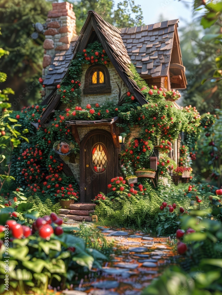 A small wooden house covered in red fruits A small wooden house covered in red fruits